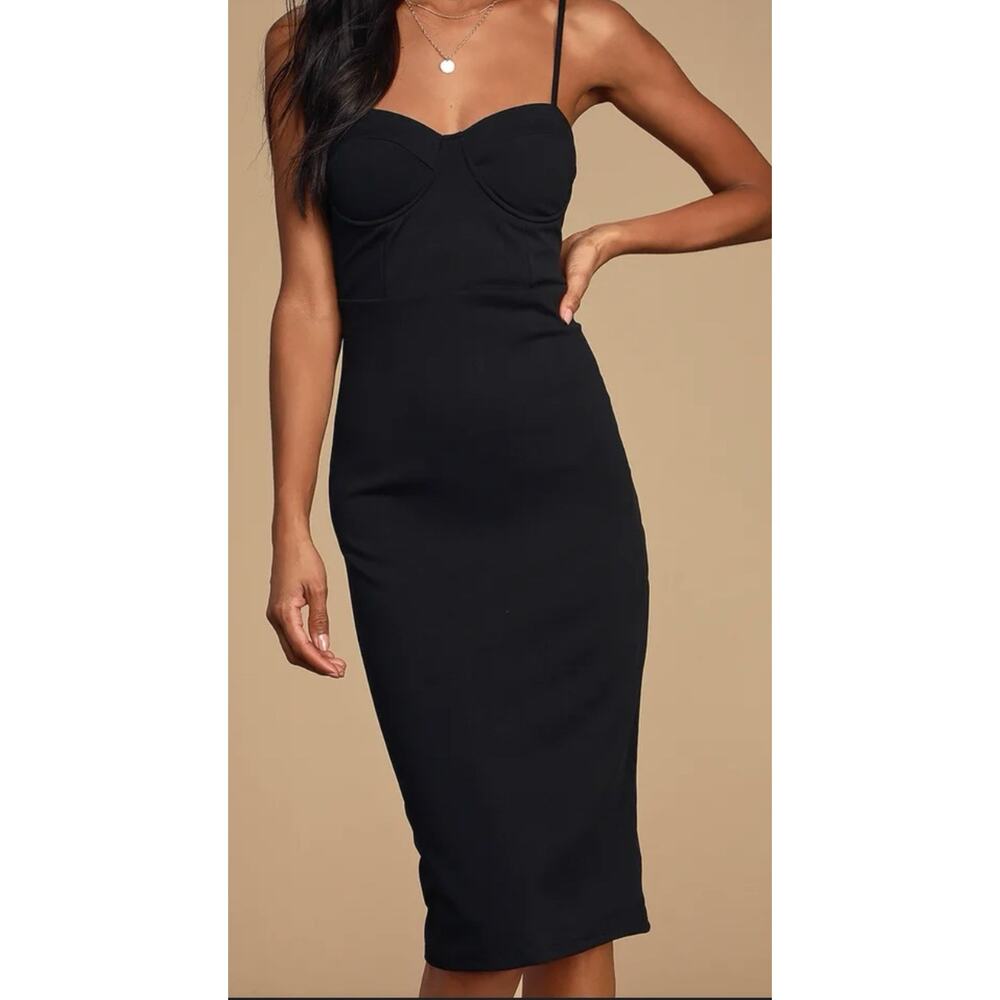 Lulus Mob Wife Charmed & Dangerous‎ Sexy Black Bustier Bodycon Midi Dress Medium